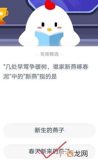 几处早莺争暖树，谁家新燕啄春泥中的新燕指的是?
