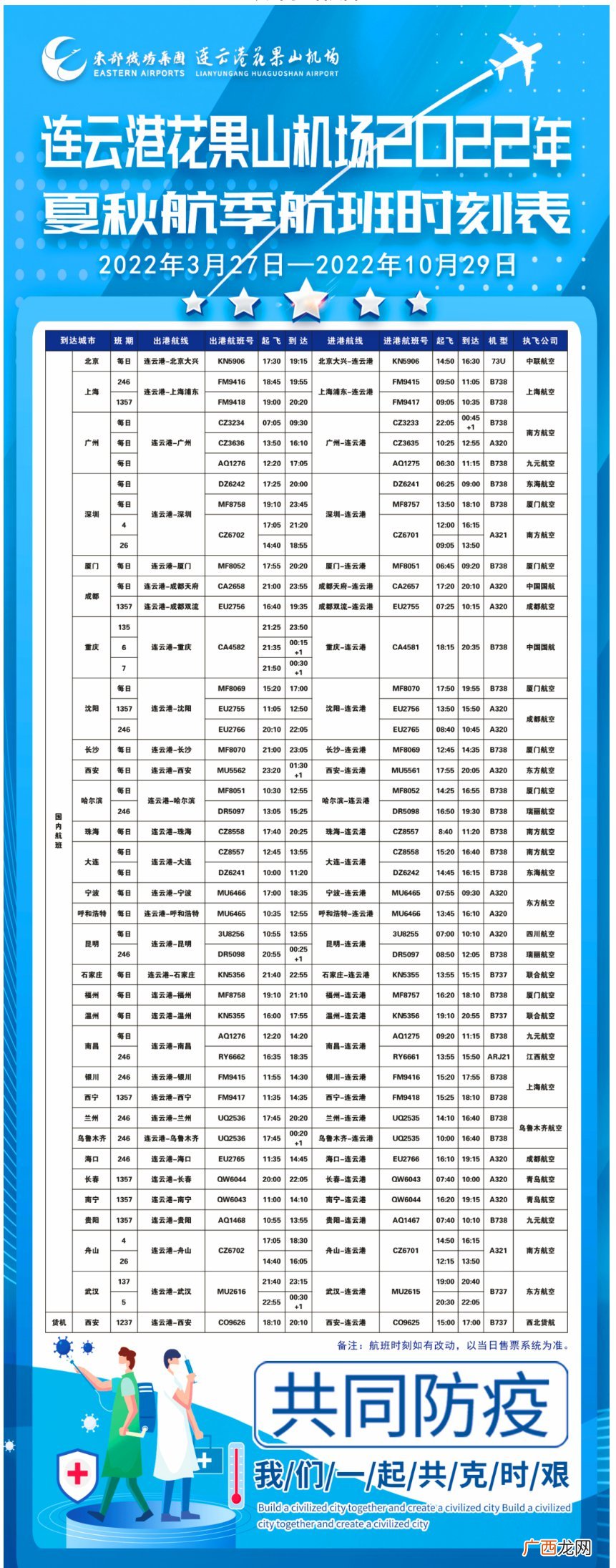 2022年连云港花果山机场夏航季航班时刻表