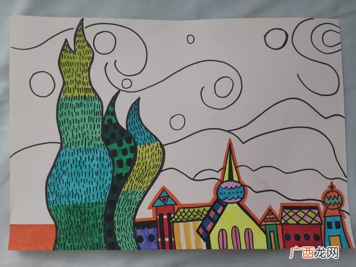 儿童绘画星空，儿童画水彩笔临摹星空