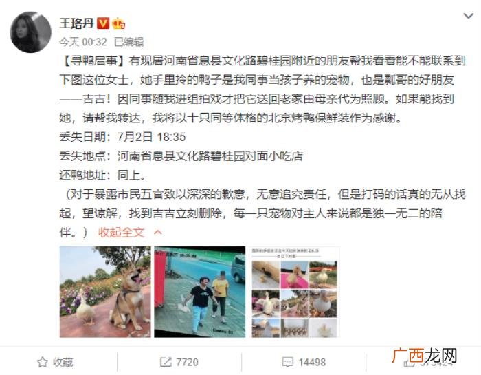 王珞丹微博，王珞丹深夜发微博寻找的宠物鸭找到了