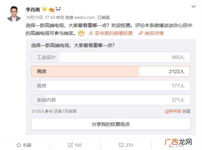 李肖爽微博，小米李肖爽微博调查高端电视用户看重什么